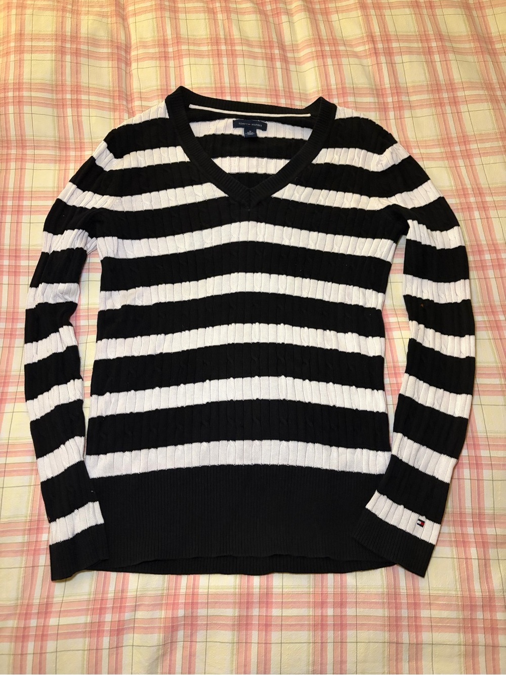 Tommy Hilfiger Black White Striped Cable Knit V-Neck Sweater
